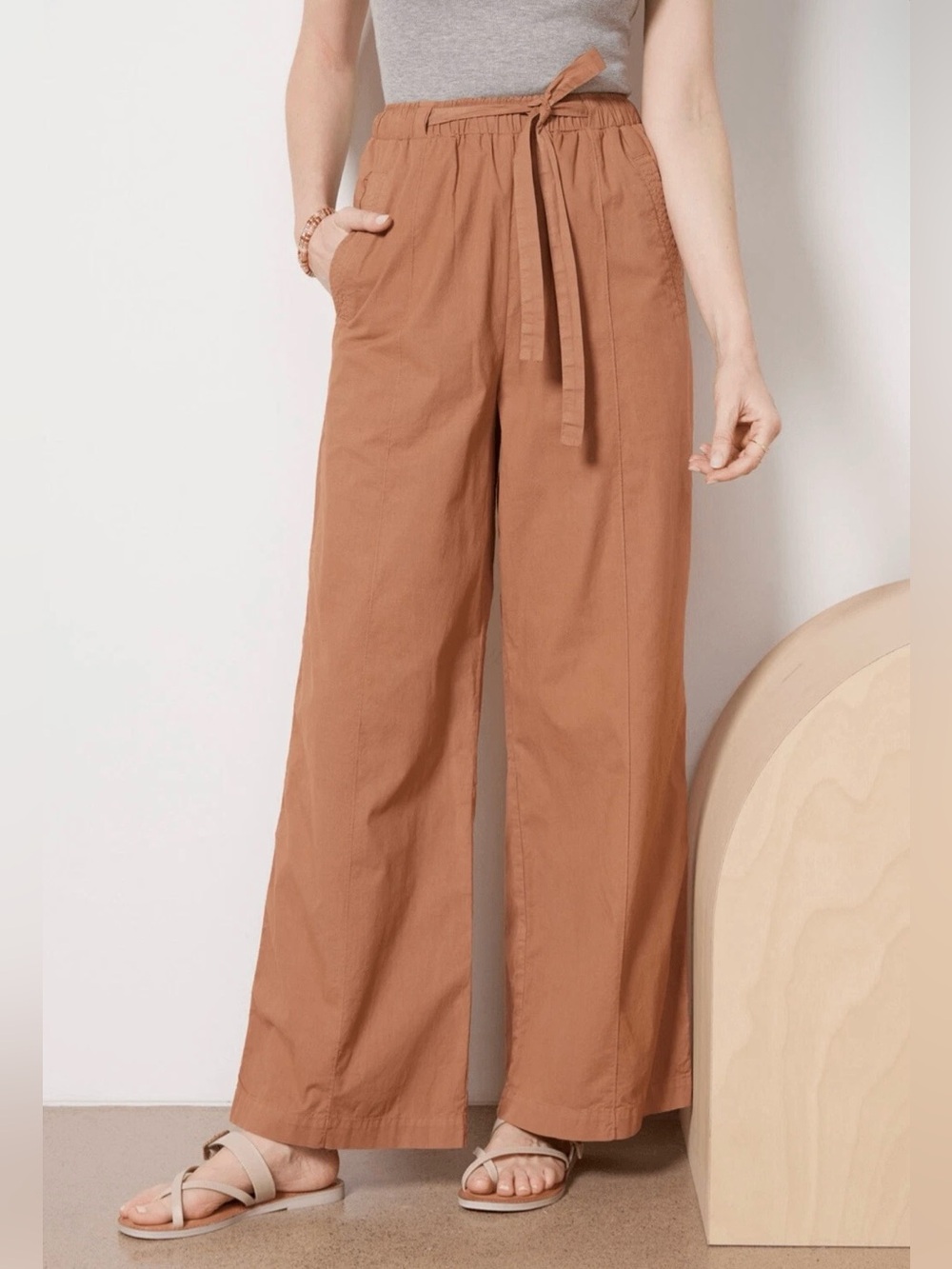 Monrow Stretch Poplin Pocket Lightweight High Rise Wide Leg Pants Large